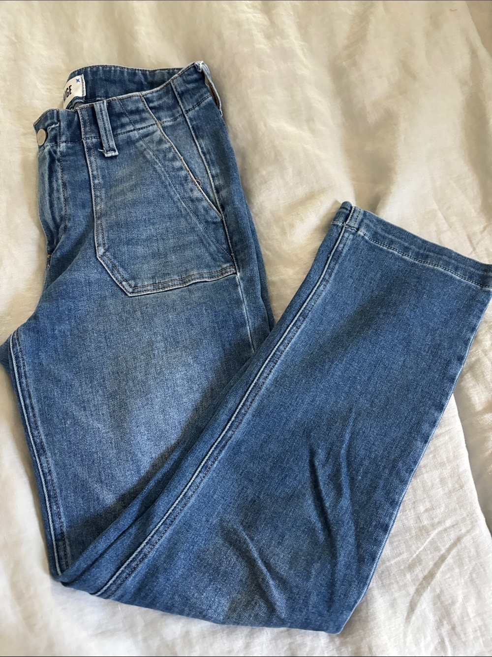 PAIGE Medium Blue High-Rise Straight Jeans